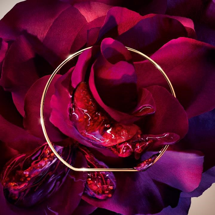Une rose rose avec des gouttes de rosée, contrastant avec un ciel orageux et un éclair violet.